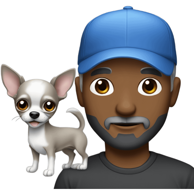 Handsome blue eyed man, with grey hair,  and grey goatee beard, wearing ball cap, holding ‘a black long hair chihuahua’ emoji