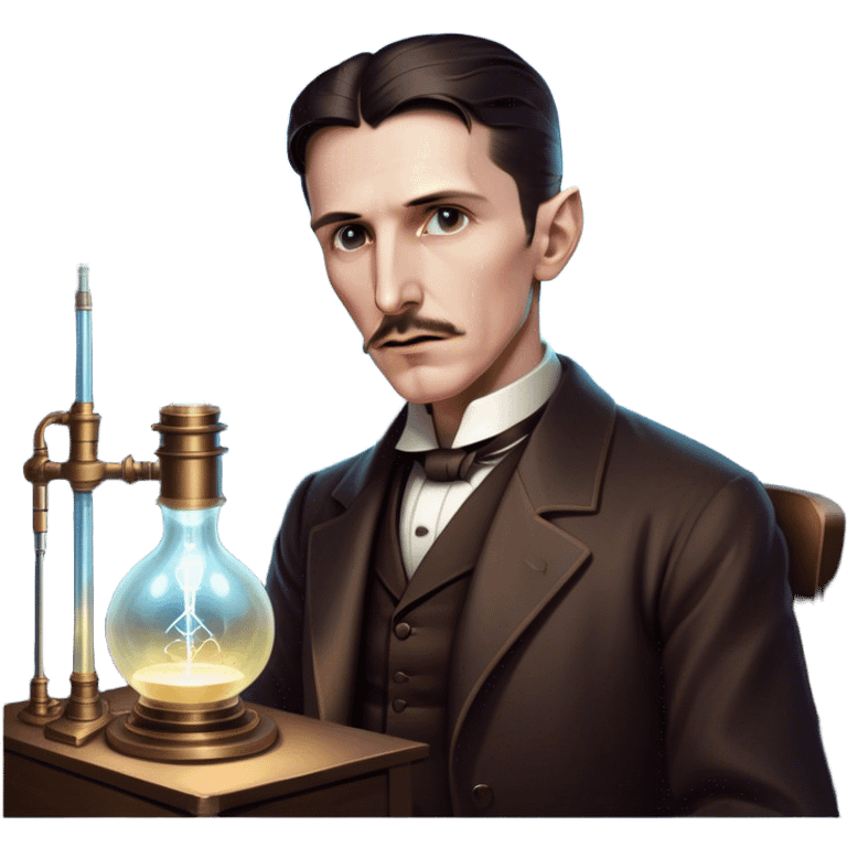 Nikola Tesla – Cinematic Realistic Portrait of Nikola Tesla, depicted as a visionary inventor with intense, thoughtful eyes and period attire, surrounded by subtle arcs of electric light and early laboratory apparatus, rendered with dramatic lighting that evokes mystery and innovation. emoji