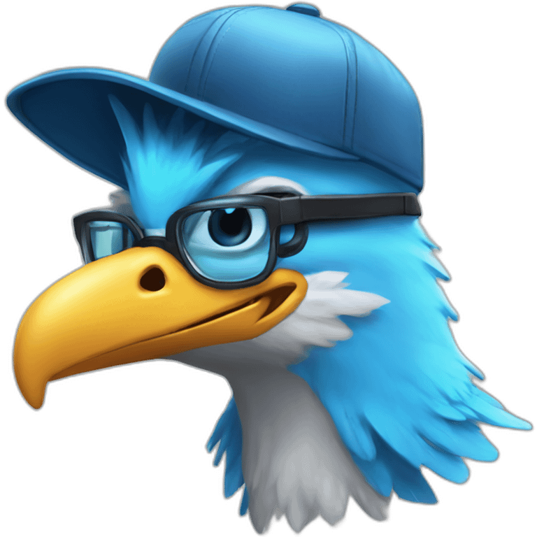 Crazy funny Cyberpunk Articuno head with beautiful smile wearing glasses and hat emoji