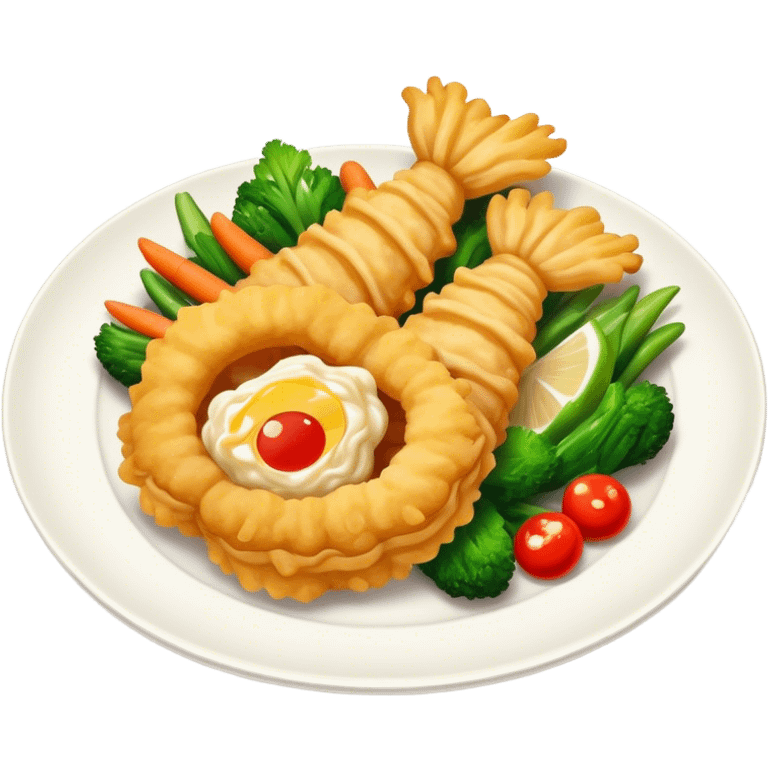 Tempura Cinematic Realistic Tempura Dish Emoji, depicted as extra crispy, lightly battered seafood and vegetables, rendered with vivid textures and dynamic, bright lighting. emoji