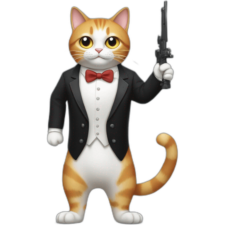 A full-length cat in a tuxedo, holding a weapon in its paws emoji