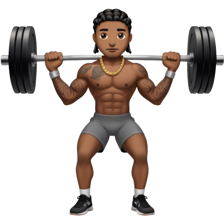 Buff black man with short braids and tattoos lifting weights emoji