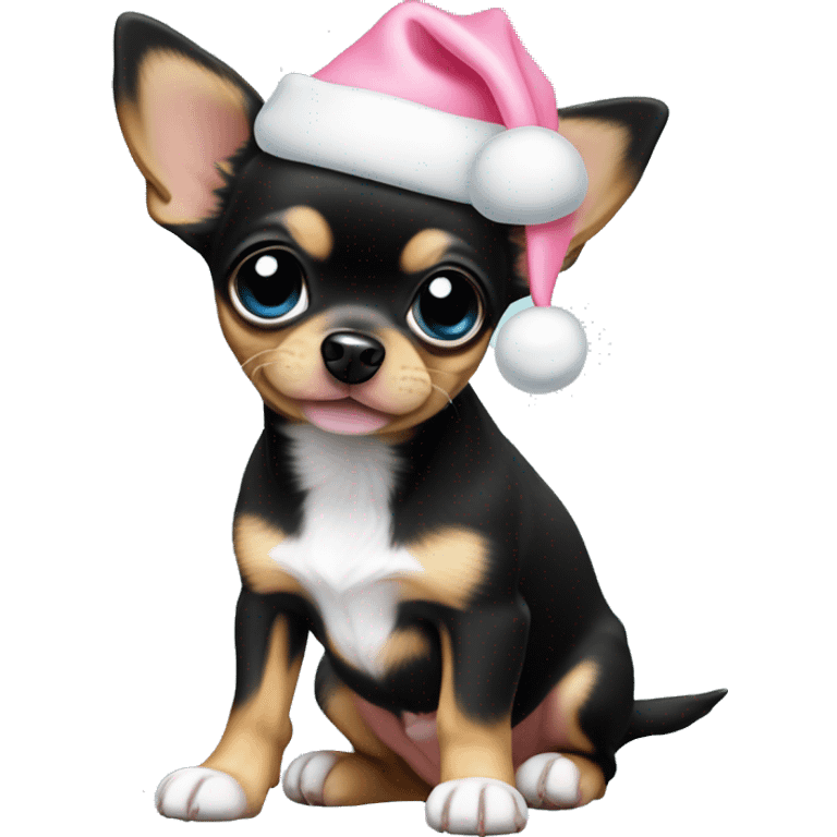 black & tan chihuahua puppy full body light blue eyes pink christmas hat on emoji