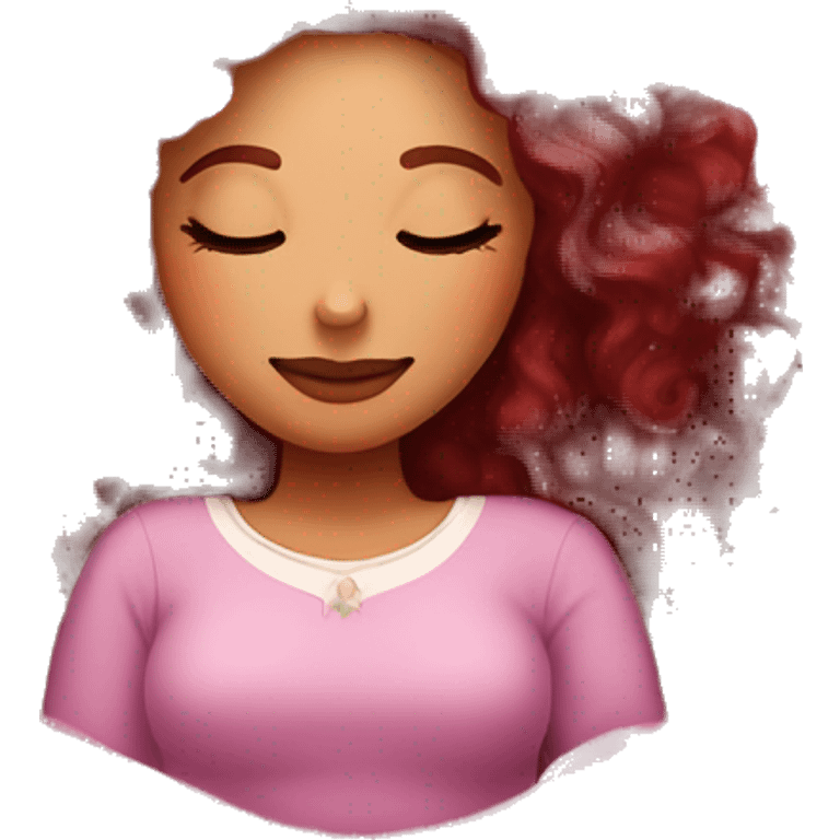 gorgeous woman with long burgundy curly hair sleeping on pink princess bed emoji