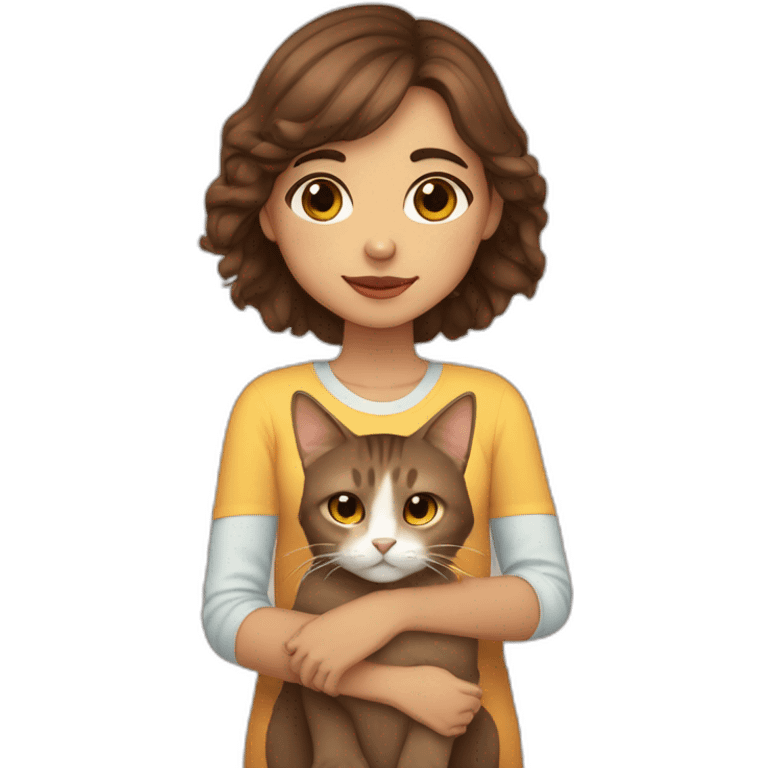 Light skin kabyle girl with straight brown hair and eyes petting a fluffy brown cat emoji