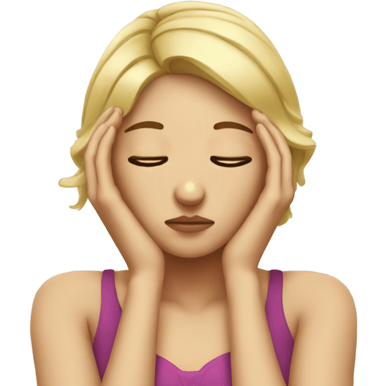 Blonde girl with headache hands on head frown  emoji