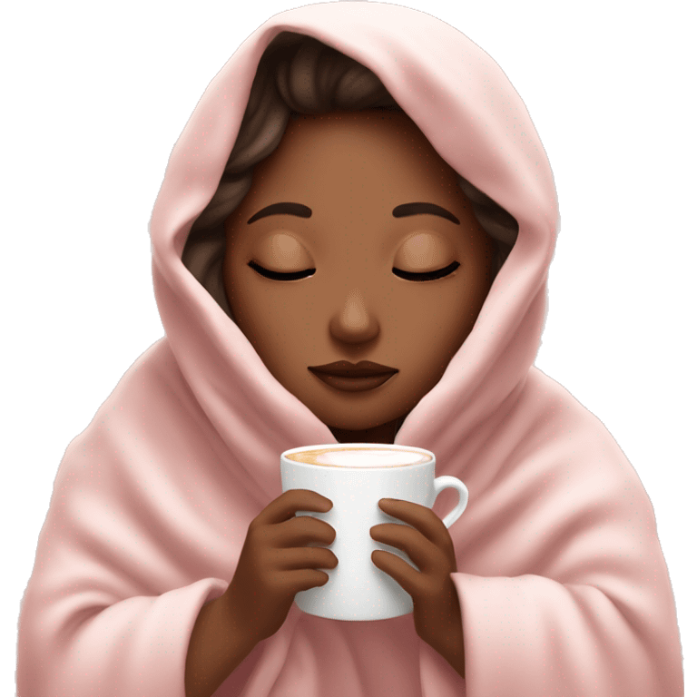 girl inside a light pink blanket sipping coffee eyes closed emoji