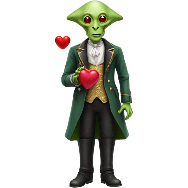 a green alien man in Victorian dress white gold, pink hair,holdig, red big hearth, full body emoji