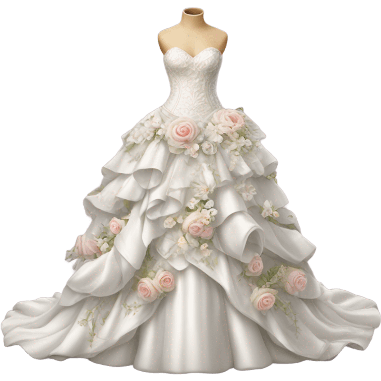 Hyper Realistic ornate Wedding dress displays  with flowers  emoji