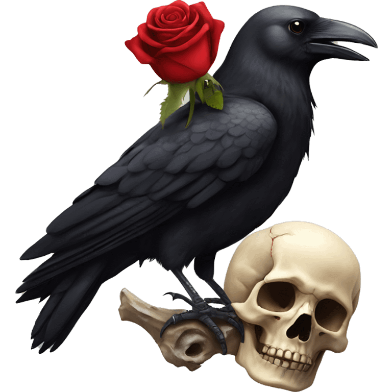 Crow standing on human skull holding rose in its beak emoji