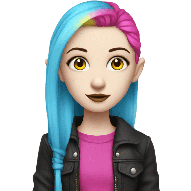 Blue eyed long eye lashes pale hime gyaru girl, hot pink and yellow split-dyed hair, nose ring, elf ears, dark makeup, punk clothes emoji