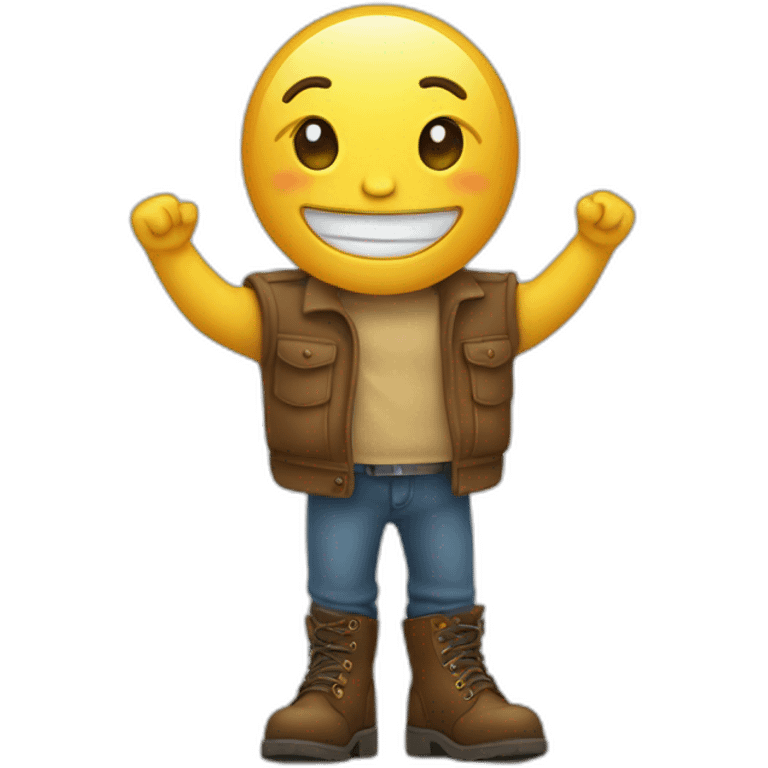 emoticon smiling easily with closed mouth, waving hands, wearing boots on short legs emoji