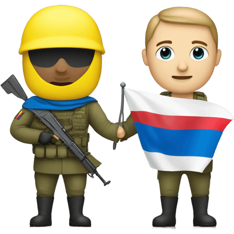 a soldier who holds the Russian flag in one hand and the Ukrainian flag in the other emoji