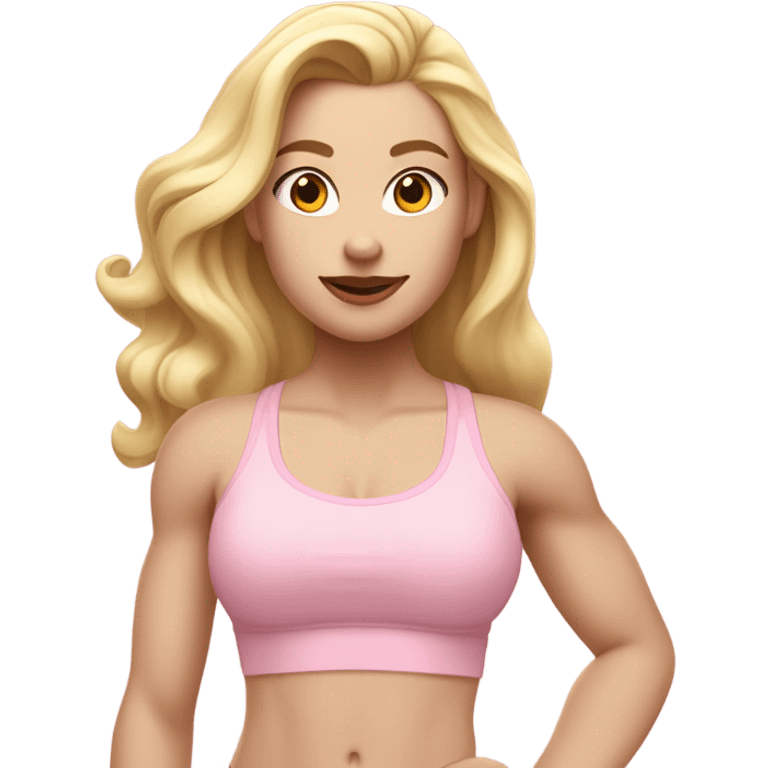 Woman, white skin, pale skin, long hair, blonde hair, wavy hair, baby pink sports bra, baby pink leggings, flexing one arm up emoji