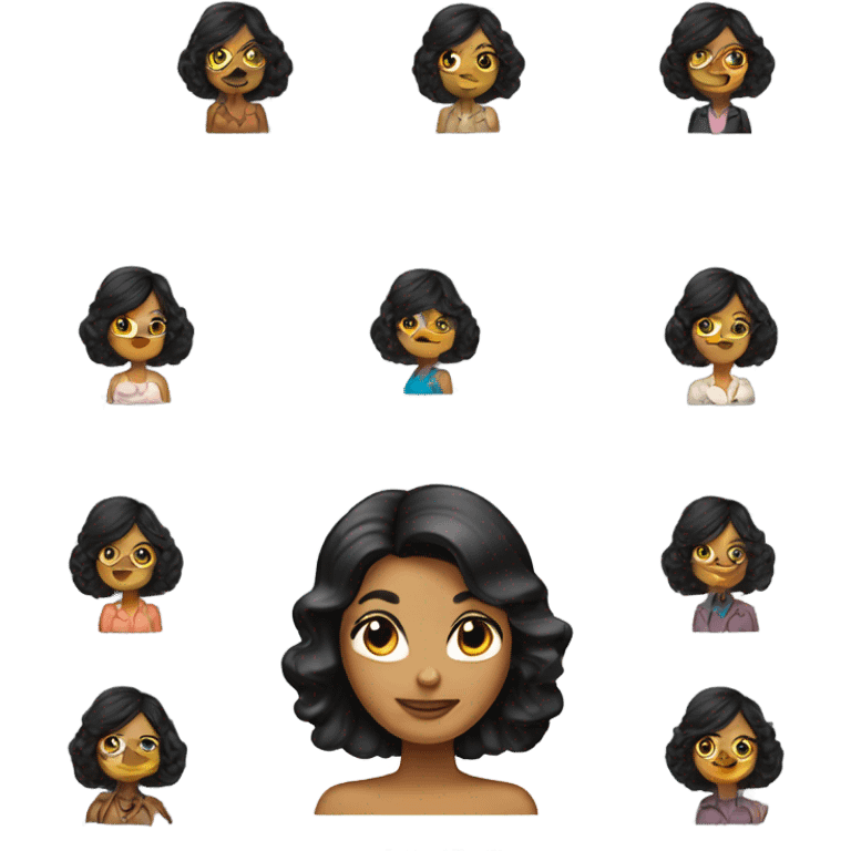 Tanned woman with black hair wearing 1970s style outfit and hair emoji