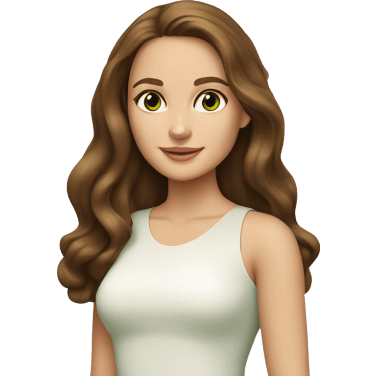 beautiful girl with long hair, brown hair, brown green eyes, looks like natalie portman, smiling at t emoji