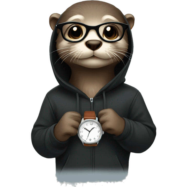 Otter wearing a black hoodie, glasses and a watch emoji