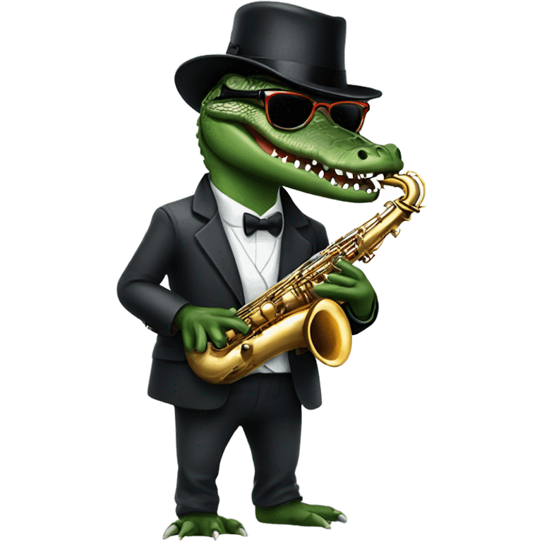 Gator with sunglasses and a bowler hat playing the saxophone  emoji