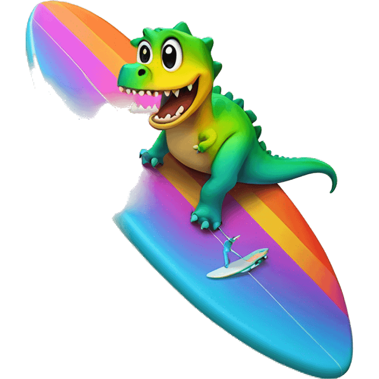 A dinosaur on a rainbow colored surf board  emoji