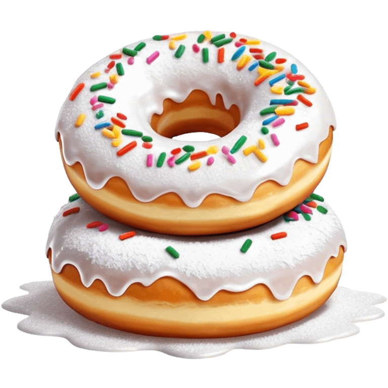 Cinematic fluffy donuts, perfectly golden and dusted with powdered sugar, vibrant icing with sprinkles, stacked in a playful arrangement, soft glowing highlights, warm and inviting. emoji