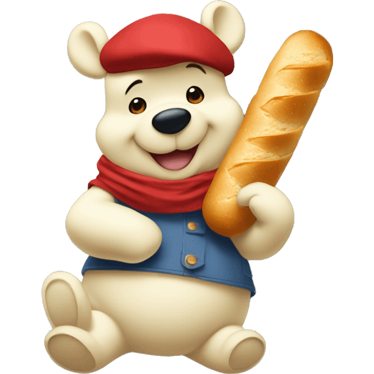 white winnie the pooh, parisien style with red beret on hair and baguette 🥖  on arms, in front of eiffel tower emoji