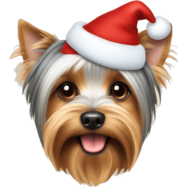 Parti Yorkshire terrier with a Christmas hat emoji