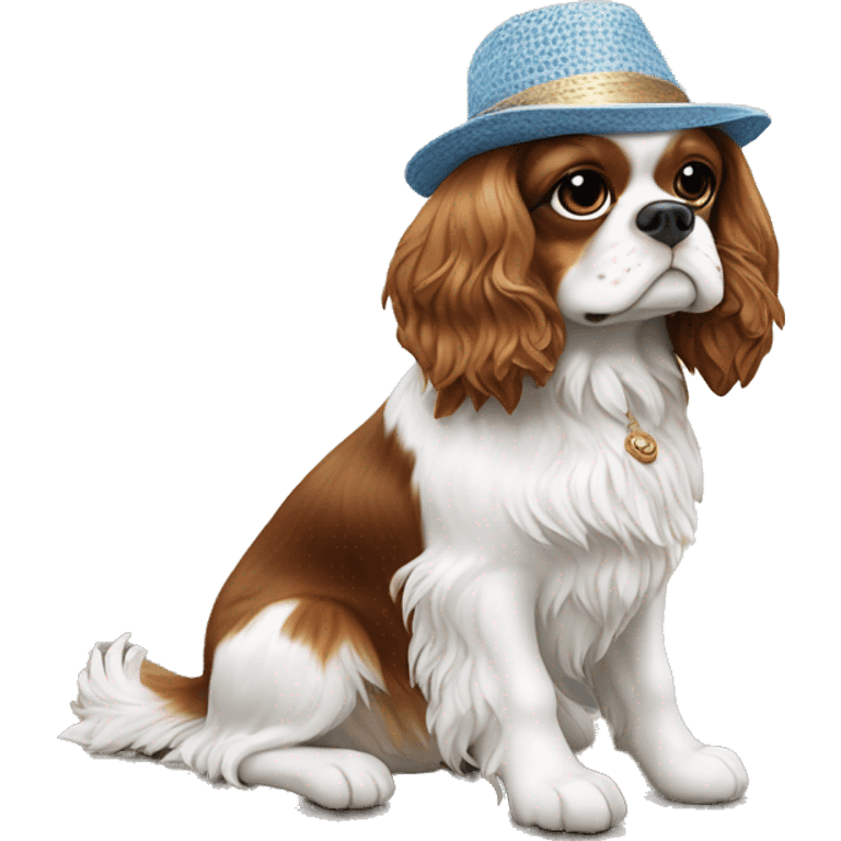 Three King Charles spaniel sitting by the ocean, wearing sun hat emoji