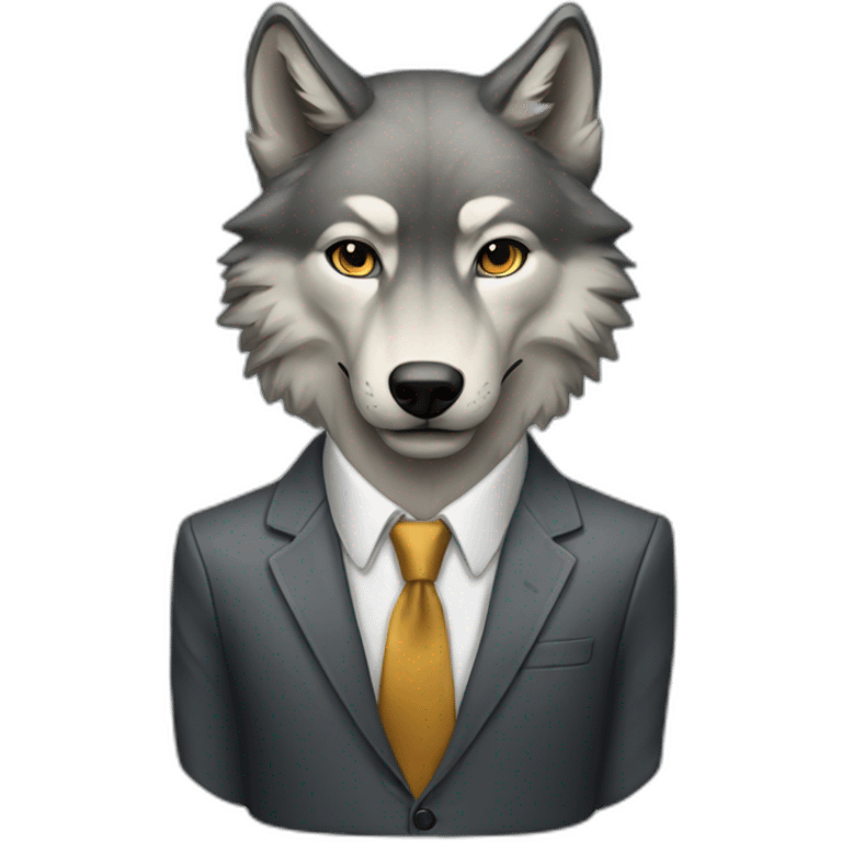 Portrait a wolf with a human-like face wears a sleek jacket and tie like a salesman emoji