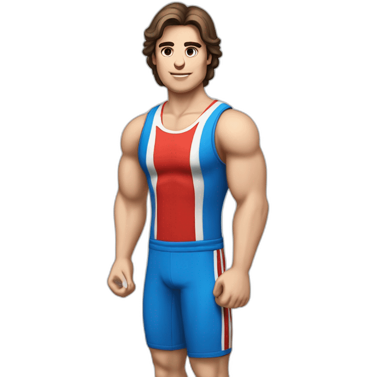 retro 70s blue and red gym clothes for a modern white brunette uni male student with glass emoji