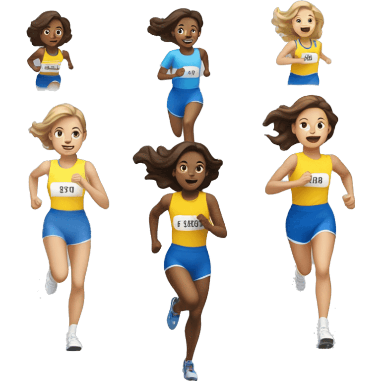 white brunette girls running a race with yellow blue and white outfits  emoji