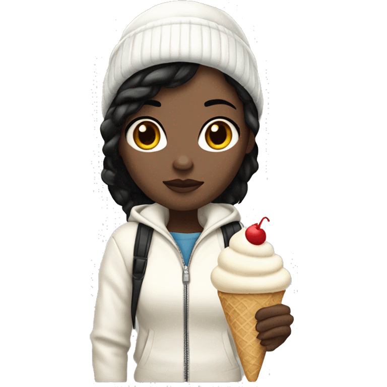 A girl with pale skin and black hair holding a vannila ice cream with a white jacket and a white beanie emoji