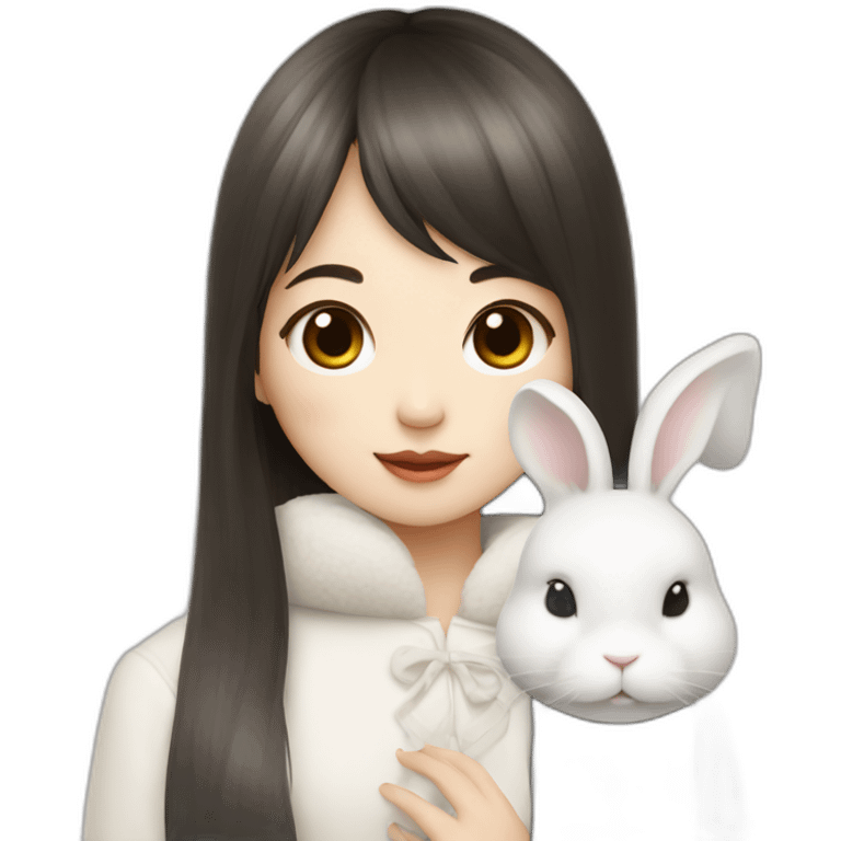 korean girl with long hair bangs holding white rabbit emoji