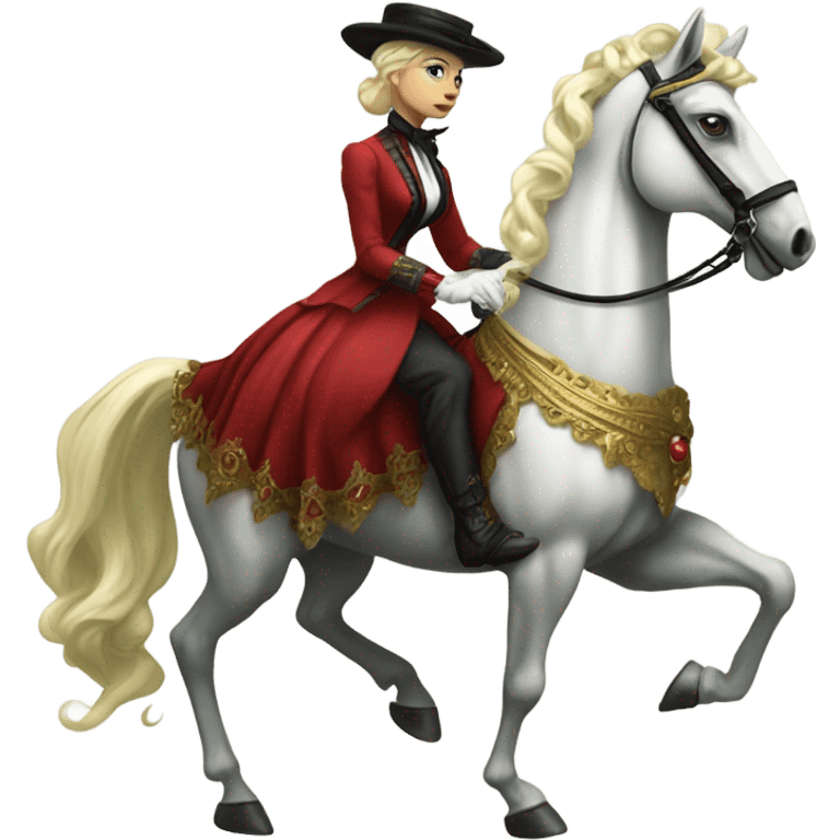 "galora green blonde alien woman" in red Victorian elegant dress, full body, rides horse gold and white
 emoji