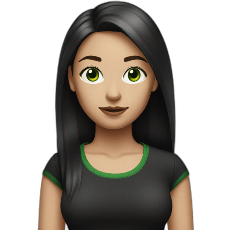 woman with long straight ruby hair, white skin, green eyes and black tshirt emoji