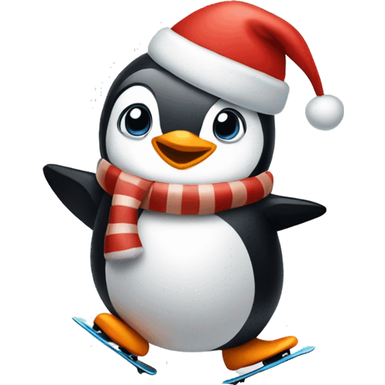 Penguin wearing Christmas hat skating emoji