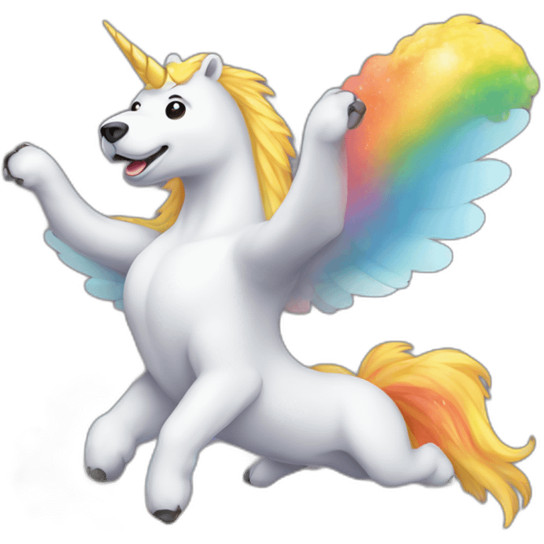 flying bear with wearing a unicorn rainbow corn emoji