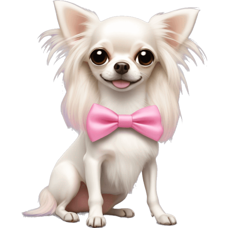 Long haired white chihuahua with a pink bow in her hair emoji