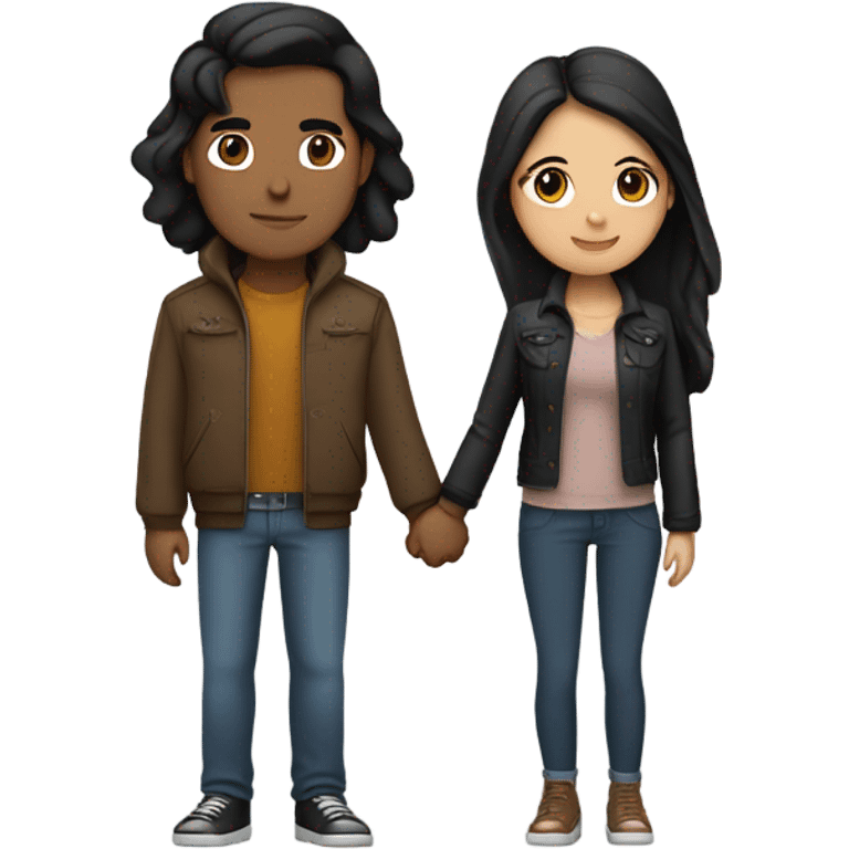 a couple holding hands. the guy has black middle part hair and is Persian and Filipino mix. the girl has brown medium length hair white and asian mix. the girl is where a crop top and the guy is wearing a jacket. emoji