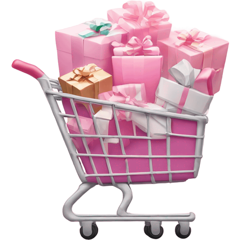 shopping cart wrapped in Christmas lights  full of light pink gift bags emoji