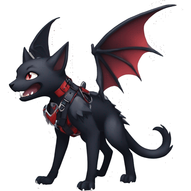 cool edgy black punk red ethereal fantasy nargacuga-bat-cat-Fakemon collar harness full body emoji