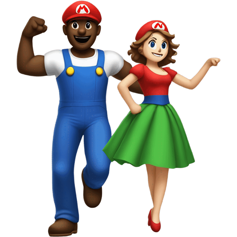 Black man with giant Mario costume head dancing with brunette girl emoji