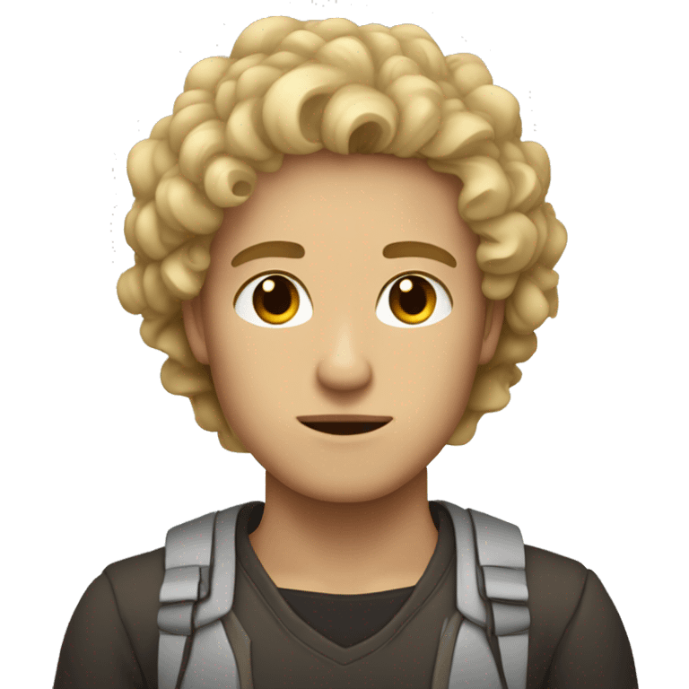 dark brown eyes, very very curly blonde short hair guy, serious face, light skin emoji