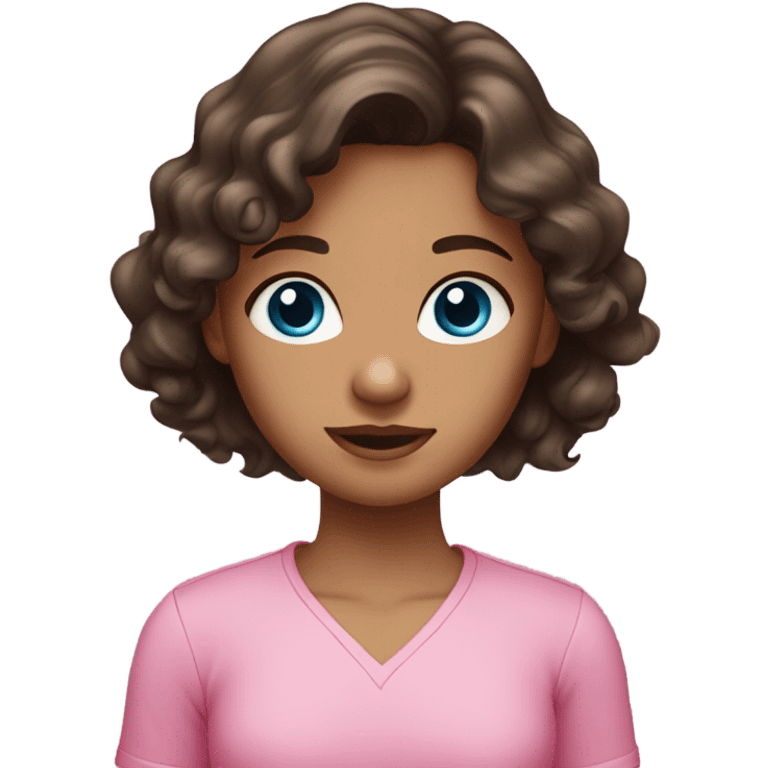 Girl with dark brown hair and blue eyes wavy hair and pink shirt emoji