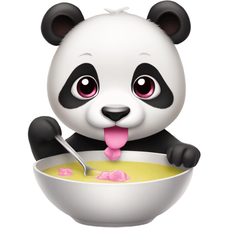 Baby panda with pink bow eating big bowl of soup emoji