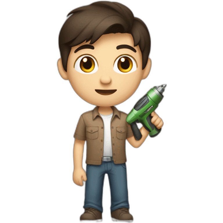 short dark hair white young boy in brown button up shirt with a tshirt under holding a drill emoji