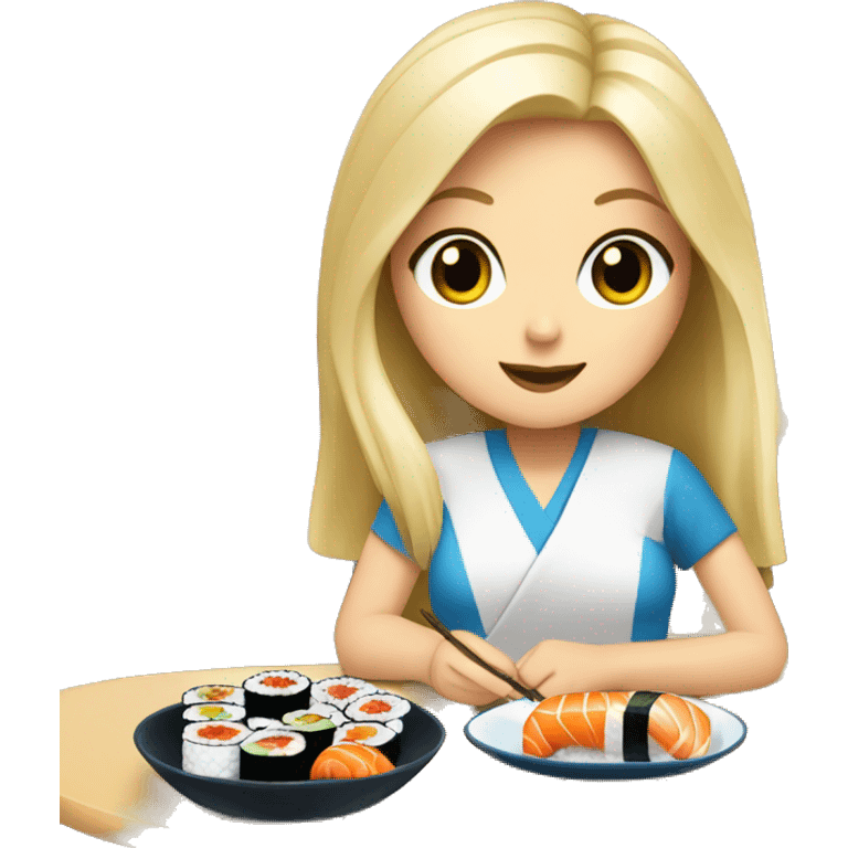 Blonde white girl with blue eyes eating sushi with friends sitting in a table emoji