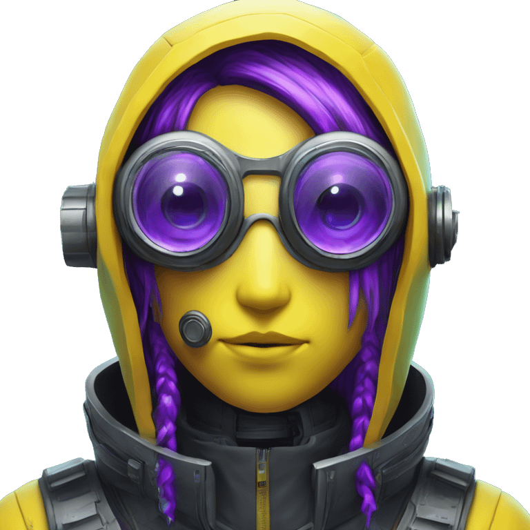 Secret human yellow emoji face agent with  cyberpunk elements with a spyglass scanning looking reviewing multicolor lines of code, cyan and purple colors, only upper body portrait emoji