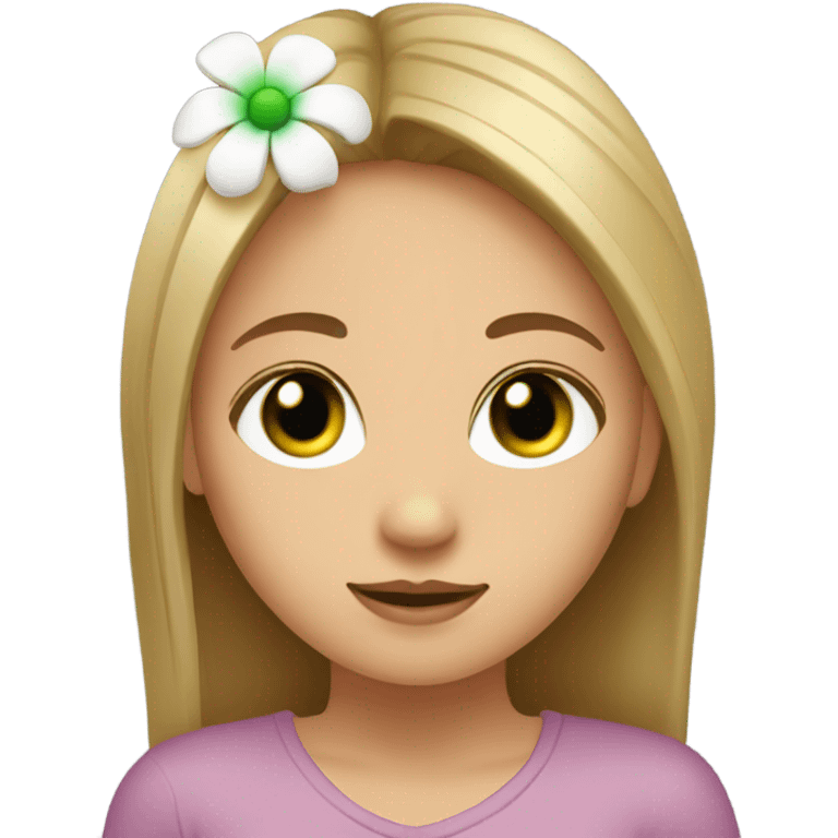 A girl with straight hair green eyes a mole under the lip and with a flower in her hair emoji