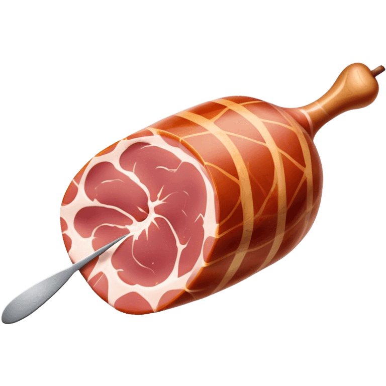 Jamón Serrano Cinematic Realistic Jamón Serrano Dish Emoji, depicted as a prominent leg of cured ham with visible marbling, rendered with rich textures and dynamic, appetizing lighting. emoji