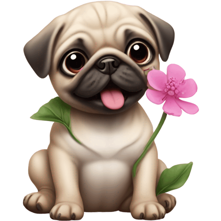 Baby pug playing with a flower pink eyes  emoji